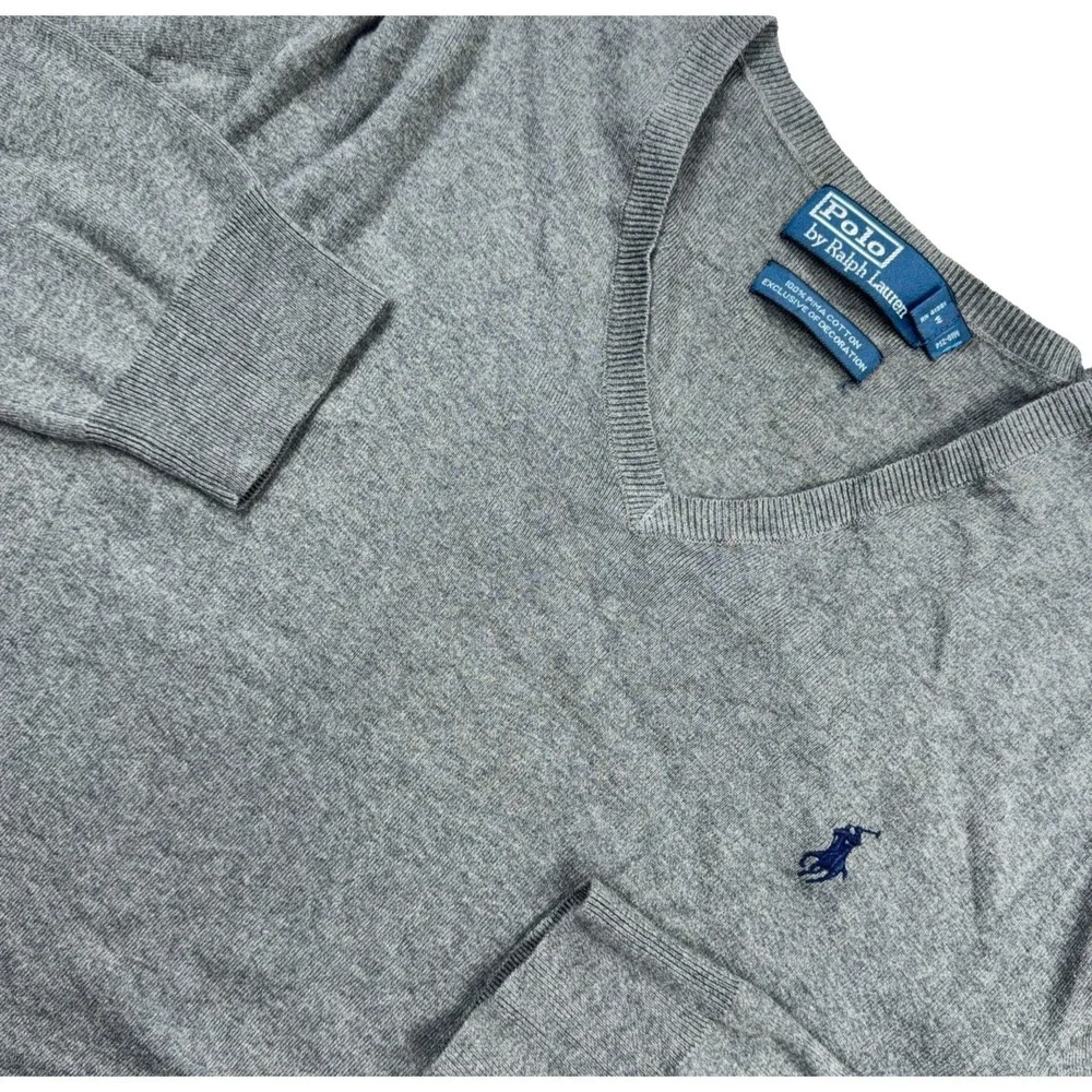 Polo Ralph Lauren Sweater Men XL Gray Blue Pony Pima Cotton V Neck Soft Golf B45